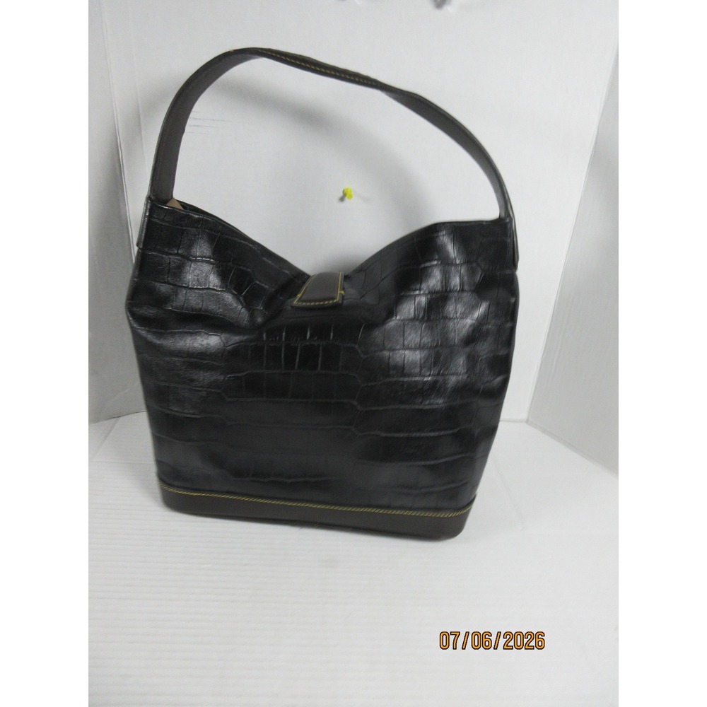 Dooney & Bourke Black Croc Embossed Leather Hobo Bag Brown Trim Lobster Clasp - Picture 2 of 6